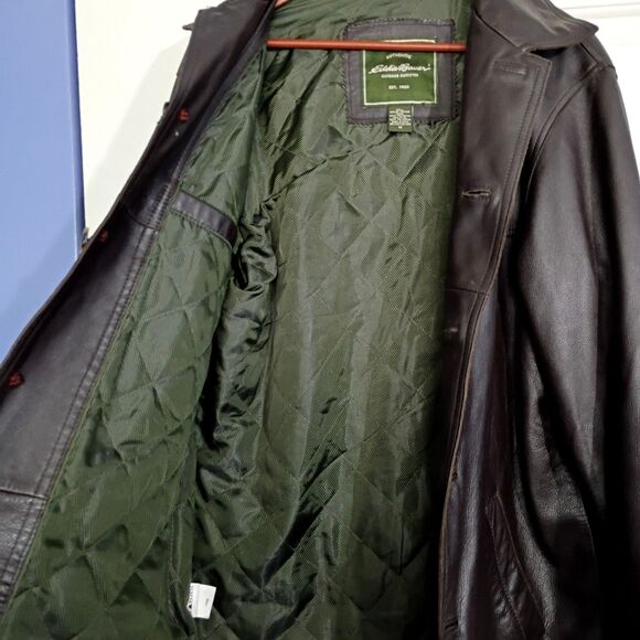 Eddie Bauer Men's Dark Brown Leather Jacket Coat Long Length Button Up M - Picture 4 of 11